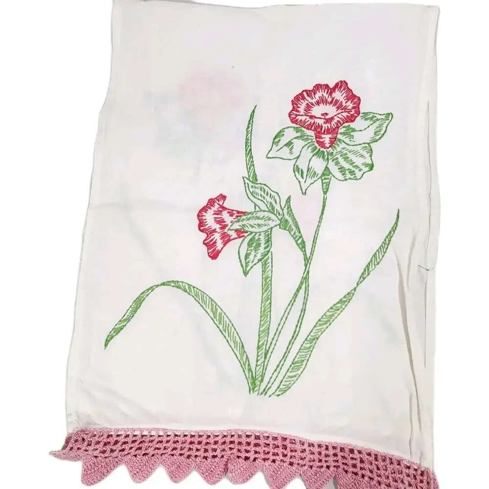 Vintage Cottage Embroidered Tea Kitchen Towel Crochet Edge Pink Grandma MCM Lily